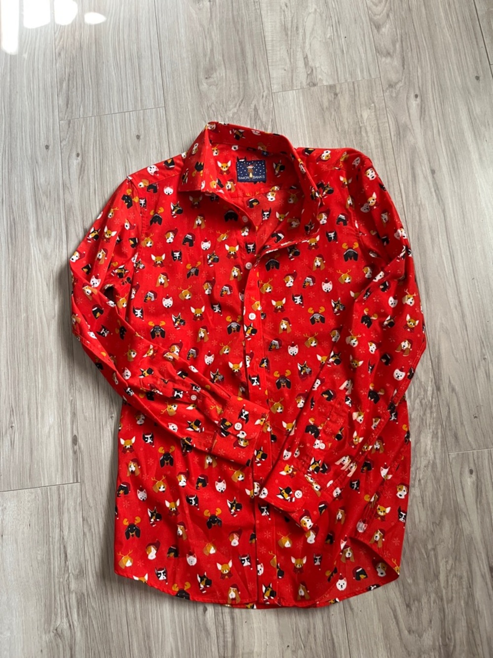 Women’s Red Button-Down Shirt with Playful Animal Print